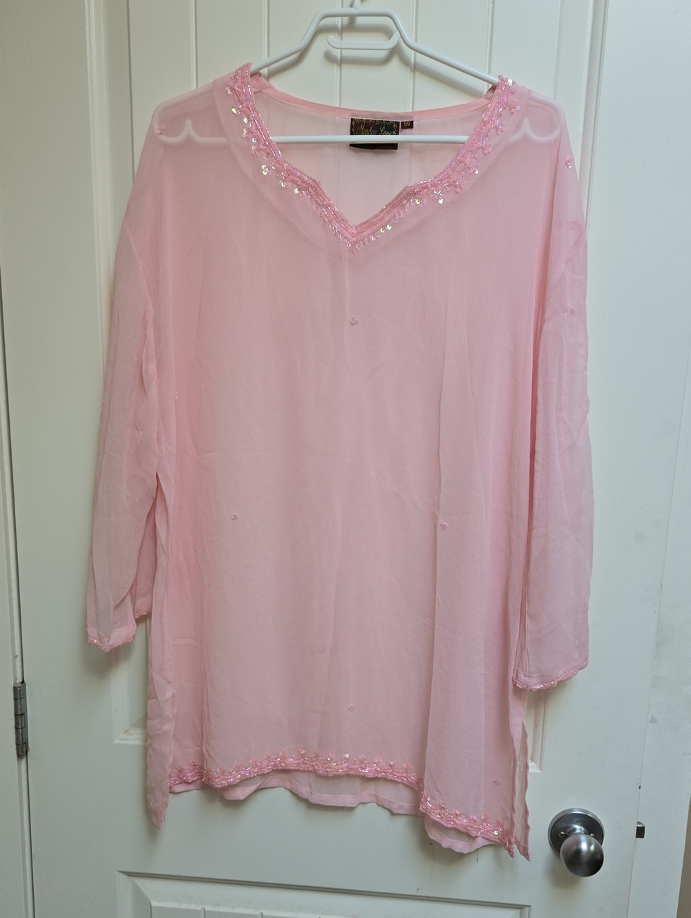 Meadow Lane Plus Size 50 Sheer Pink V-Neck Sequin-Trim Chemise Beach Cover